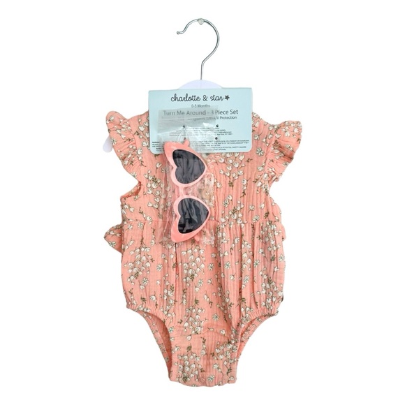 Charlotte & Star Floral Romper, Hat, & Heart Sunglasses Set Size 0-3 Months NWT - Picture 1 of 14